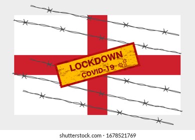 England flag with signboard lockdown warning security due to coronavirus crisis covid-19 diseas design with barb wired isolate vector