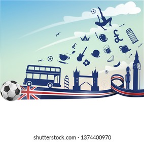 england flag with symbol elemets and soccer ball