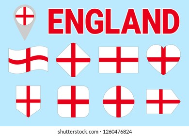 England flag vector set. Different geometric shapes. Flat style. English national symbols. Can use for sports, national, travel, geographic design elements. isolated icons with state name