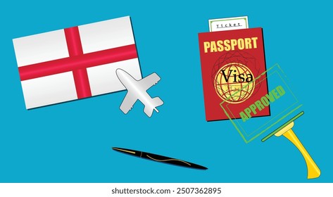 England flag with white plane icon. Passport with visa approved stamp. Black stylish Pen. Great Britain Travel poster. Editable vector EPS available