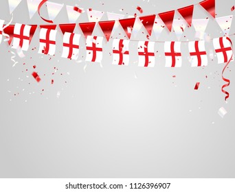 England flags Celebration background template with confetti and red and White ribbons.