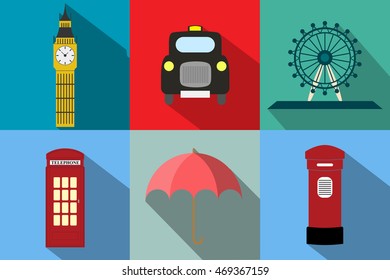 England flat vector pack taxi big ben ferris wheel telephone postbox umbrella