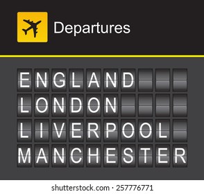 England flip alphabet airport departures, England, London, Liverpool, Manchester