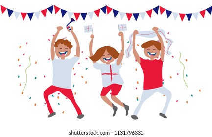 England football fans. Cheerful soccer fans, supporters crowd and England flag. England national day. Isometric people, vector illustration, Isolated background.