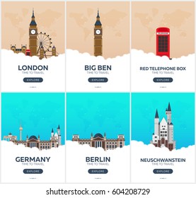 England, Germany. Time to travel. Set of Travel posters. Vector flat illustration