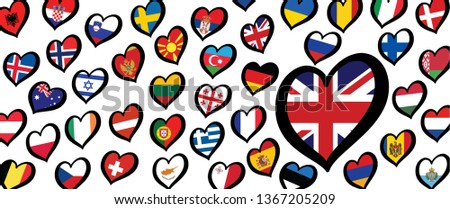 England, Great Britain flag and different countries flags with heart flag logo. For Europe, eurovision music song festival, contest. Music songs for vision dreams. Vector euro TV icon. Union Jack