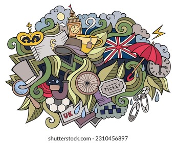 England hand drawn cartoon doodles illustration. Funny travel design. Creative art vector background. Great Britan symbols, elements and objects. Colorful composition