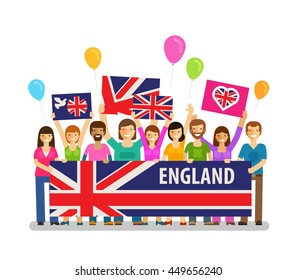 England. Happy crowd of people with placards at the city festival. Vector illustration