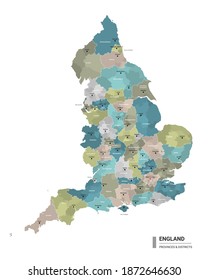 England hohe detaillierte Karte mit Unterteilungen. Verwaltungskarte von England mit dem Namen der Bezirke und Städte, farbig nach Bundesstaaten und Verwaltungsbezirken. Vektorgrafik.