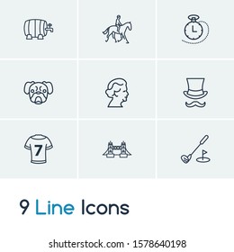 England icon set and queens profile with london bridge, golf and horse riding. Tee related england icon vector for web UI logo design.
