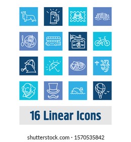 England icon set and umbrella with lion, shakespeare and homemade. Froth related england icon vector for web UI logo design.