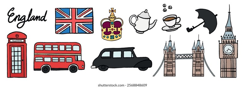 England icons: red bus, black taxi, Big Ben, crown, tea, umbrella. Classic England symbols: bus, taxi, Big Ben. England culture: tea, crown, bus. London travel illustrations vector set.