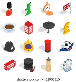 England icons set in isometric 3d style. London set collection isolated vector illustration