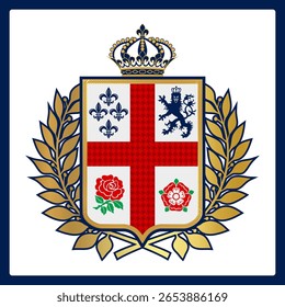 A Inglaterra inspirou crista vetorial com cruz vermelha, leão heráldico, flor de lis, rosas Tudor e coroa real. Estilo emblema de esportes clássicos, perfeito para a moda e gráficos vintage