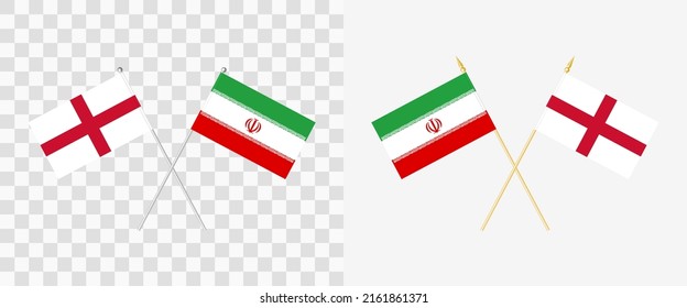 England and Iran crossed flags. Pennon angle 28 degrees. Options with different shapes and colors of flagpoles - silver and gold. Example of flags on transparent background. Vector illustration