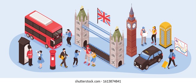 England isometric narrow illustration with capital city landmarks retro transport and national country symbols vector illustration