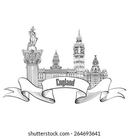 England label. Famous english architectural landmarks symbol. Visit UK. Travel Europe  banner.