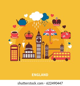 England Landmarks Design Concept With Traditional Symbols Of Architecture And Culture Flat Vector Illustration