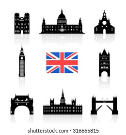 England Landmarks Icon Set. Vector And Illustration