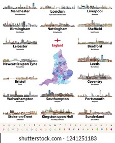 England largest cities skylines vector set. Map and flag of England.