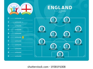 England line-up Football 2020 tournament final stage vector illustration. Country team lineup table and Team Formation on Football Field. Euro 2020 soccer tournamet Vector country flags.