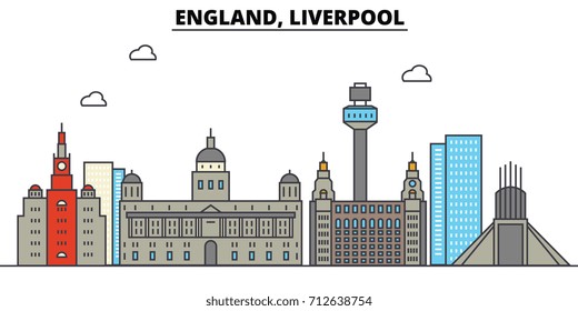 England, Liverpool. City skyline: architecture, buildings, streets, silhouette, landscape, panorama, landmarks. Editable strokes. Flat design line vector illustration concept. Isolated icons set