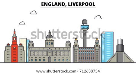 England, Liverpool. City skyline: architecture, buildings, streets, silhouette, landscape, panorama, landmarks. Editable strokes. Flat design line vector illustration concept. Isolated icons set