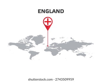 England Location Pin on World Map with Flag in Pin's Body