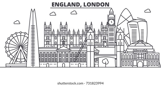 Inglaterra, Londres, línea de la línea de la línea de la línea de la línea de la línea. Paisaje de ciudad vectorial lineal con puntos de referencia famosos, vistas de la ciudad, iconos de diseño. Paisaje con trazos editables