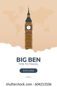 England. London. Big Ben. Time to travel. Travel poster Vector flat illustration