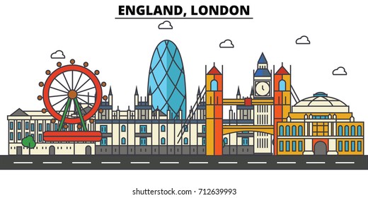 England, London. City skyline: architecture, buildings, streets, silhouette, landscape, panorama, landmarks. Editable strokes. Flat design line vector illustration concept. Isolated icons set