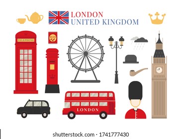 Juego de vectores planos de iconos de Londres. Símbolos culturales del Reino Unido. Cabina de teléfono roja, buzón británico, guardia.