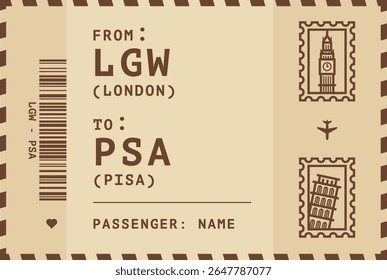 England, London - Italy, Pisa voo, etiqueta de bagagem, cartão de embarque. Layout de ilustração vetorial para infográfico, cartão postal, adesivo, impressão, promoção em estilo vintage com selos de referência