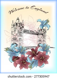 England London postcard with flowers lilies