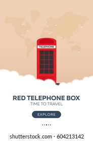 England. London. Red telephone box. Time to travel. Travel poster. Vector flat illustration