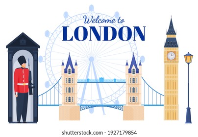 England, London. Set of icons, symbols. Tourist trips to England. Places of interest. Colorful vector illustration in flat cartoon style.