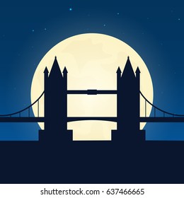 England, London silhouette of attraction. Travel banner with moon on the night background. Trip to country. Travelling illustration