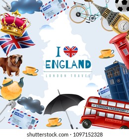 England london travel frame background with collage of flat images with stereotype items and editable text vector illustration