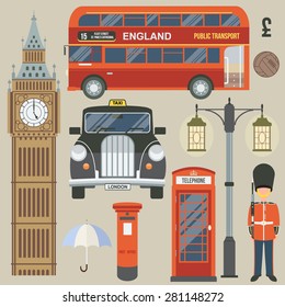 England, London, UK. Collection of color icons. Vector illustration