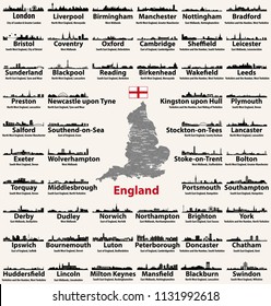 Las principales ciudades de Inglaterra abstractas siluetas de siluetas de siluetas. Mapa de Inglaterra con todas las principales ciudades y divisiones administrativas fronteras