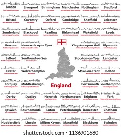 England major cities vector outline icons. Map of England with cities and administrative divisions borders