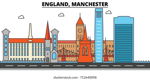 England, Manchester. City skyline: architecture, buildings, streets, silhouette, landscape, panorama, landmarks. Editable strokes. Flat design line vector illustration concept. Isolated icons set