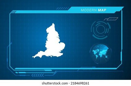 Mapa de Inglaterra del marco digital azul HUD, GUI, interfaz de interfaz de usuario vector de radar.
