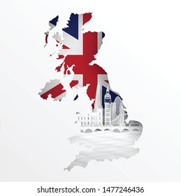 England map concept with famous landmark for travel postcard and poster, brochure, advertising in paper cut style vector illustration.