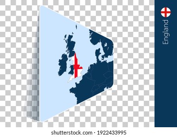 England map and flag on transparent background. Highlighted England on blue vector map.