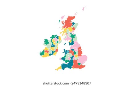 England map with individual colors,isolated on white background for website layouts,background,education, precise,customizable,Travel worldwide,map silhouette backdrop,earth geography, political.