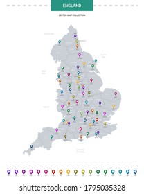 England map with location pointer marks. Infographic vector template, isolated on white background. 