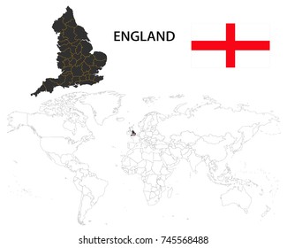 England map on a world map with flag on white background.