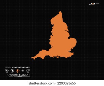 England map of orange digital frame HUD, GUI, UI interface technology radar vector.