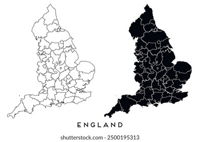 England map of regions districts vector black on white and outline